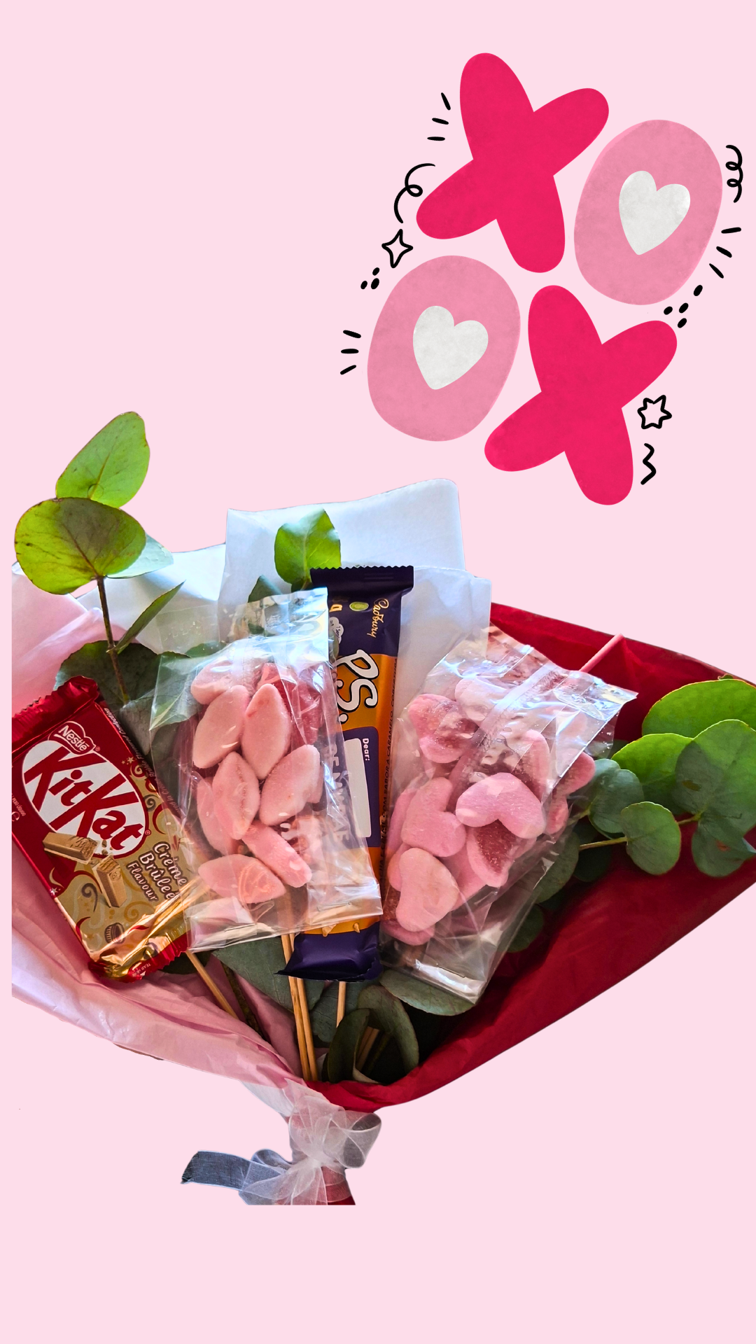 Bouquet of candy and chocolate with 'XOXO' text on a pink background available in south africa gifting 